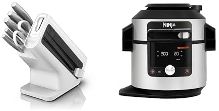 Bloc-couteaux Ninja Foodi StaySharp avec Affûteur, 6 Pièces Aiguisés, en Acier Inoxydable, K62006EUWH + Multicuiseur Ninja Foodi MAX Air Fryer, Smart Lid, 14 fonctions de cuisson en 1, 7.5L, OL750EU
