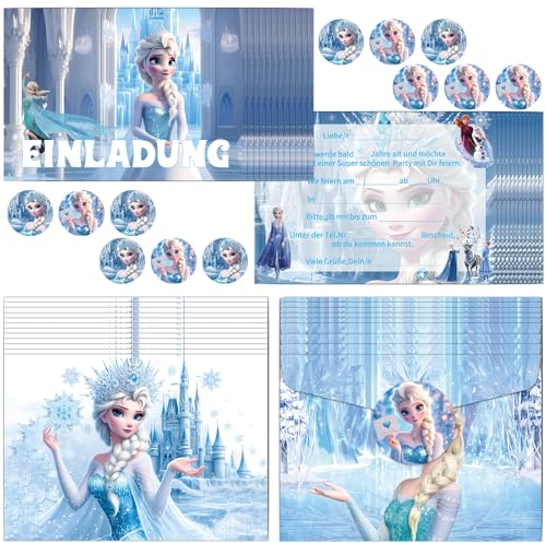 COQOYO Einladungskarten Kindergeburtstag Mädchen, 12pcs Deutsche Geburtstag Einladungen, Partyeinladungen mit Bunte Umschläge und Runde Aufkleber, Cartoon Eiskönigin Eisa Prinzessin Einladung Set