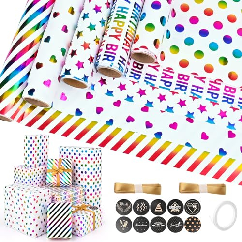 5 Rouleaux Papier Cadeau Set, Euakee 43cm x 300cm Papier D'Emballage Multicolores, Papier Cadeau pour Noël Anniversaire Mariage Thanksgiving Cadeau de Naissance Saint-Valentin (Coloré)