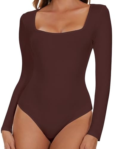SHAPERIN Women's Bodysuit Square Neck Long Sleeve Body Suit Top Tanga Leotard Jumpsuit Tops Elegant Bodysuits Going Out Brown M