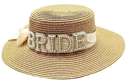 Maxtonser Chapeau de paille pour femme - Chapeau de soleil respirant pour fête de mariage - Chapeau avec lettres et perles - Bonnet pour enterrement de vie de jeune fille
