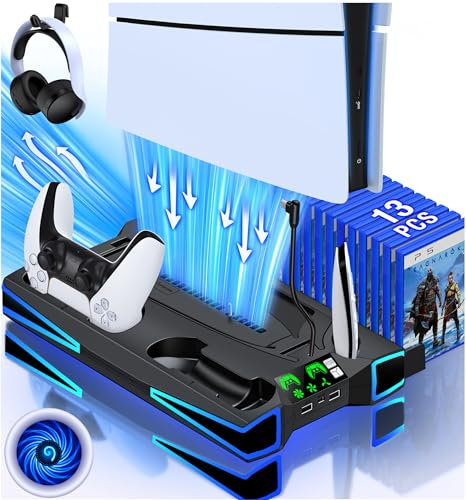 Cool RGB LED PS5 Stand and PS5 Cooling Station with Dual Controller Charging, 3 Adjustable Speeds PS5 Fan Cooler for PS5/PS5 Slim,Playstation 5 PS5 Accessories with Headset Holder and Storage Slots