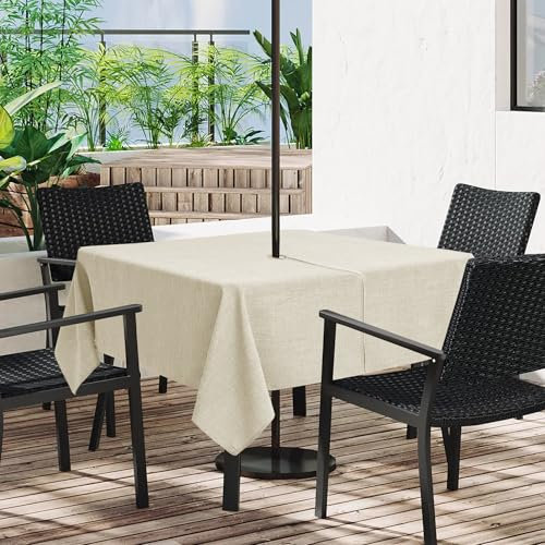 LUSHVIDA Outdoor-Tischdecke mit Schirmloch, Terrassentischdecke mit Reißverschluss, quadratisch, 152,4 x 152,4 cm, Beige, Kunstleinen, Tischdecke, wasserabweisend, für Picknick, draußen