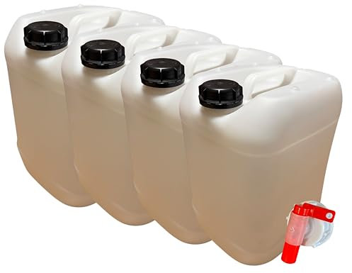 Lot de 4 Bidons Plastique 20 L litres avec Bouchon et Robinet Verseur - Résistant pour Liquides Alimentaires et Chimiques Poignée Ergonomique, Empilable, Réutilisable - Jerrican Jerry Can