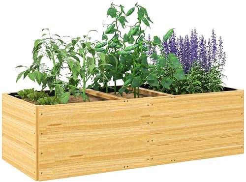Outsunny Letto per Orto Rialzato da Esterno Divisa in 3 Aree con Strato in Tessuto non Tessuto, Fioriera da Balcone in Legno di Abete, per Piante, Fiori, 140x60x40 cm, Color Legno
