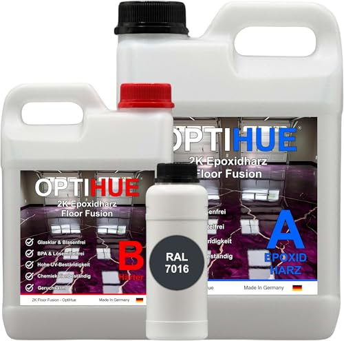 Optihue Epoxidharz Bodenbeschichtung Garagenboden 12Kg Bodenfarbe 2K Harz&Härter Garagenbeschichtung,Profi Qualität, Epoxy Gießharz geruchsarm Boden Werkstattboden (RAL 7016 Anthrazitgrau)
