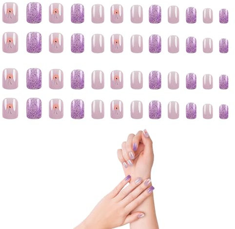 ZWWOGE Lot de 48 faux ongles Violet à presser, extra courts, gel gelé, brillants, ronds, réutilisables, faux ongles, ongles en acrylique, ensembles de manucure pour femme
