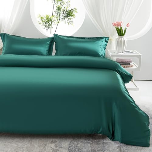 Morbuy Silk Satin Double Duvet Cover with 2 Pillowcases, Dark Green Satin Bedding Set 3 Piece Easy Care Duvet Cover Set with Zipper Closure - Luxury Ultra Soft - 200x200cm