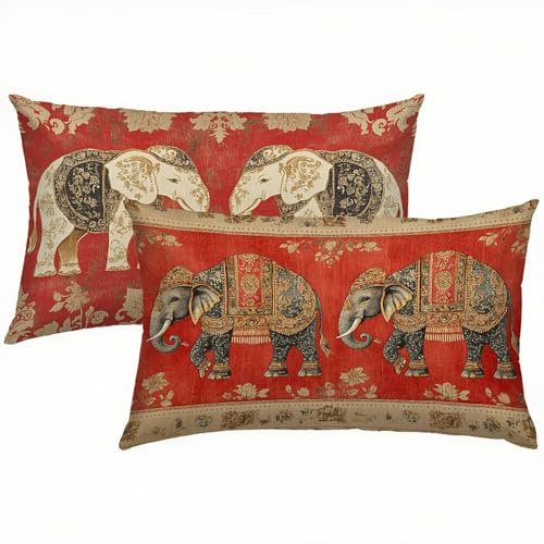 Elefant Kissenbezug 40x60 Kissenbezug Rot Leinen 2er Set, Wasserdichter Kissenbezüge für Alle Jahreszeiten, Mode Flauschig Weich und Bügelfrei Pillow Cover, Deko für Wohnzimmer Sofa Bett Garten S1-20