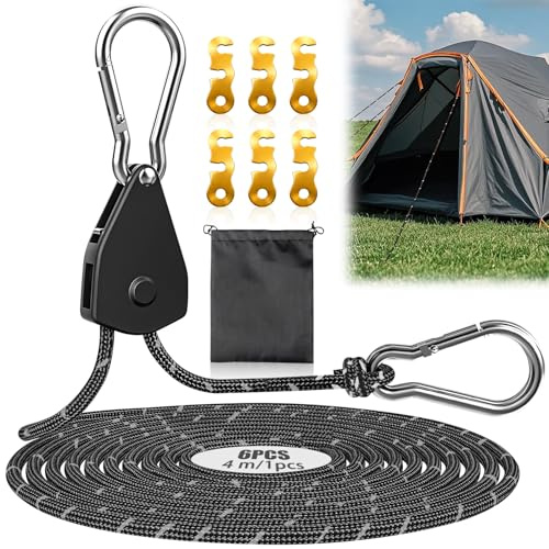 Cuerdas Reflectantes para Tienda Rope Ratchet Cuerda 4mx4mm Tensoras Trinquete de Cuerda con Gancho Tensor para Acampar Ajustable para Acampar al Aire Libre Senderismo Toldo (Negro, 6PCS)