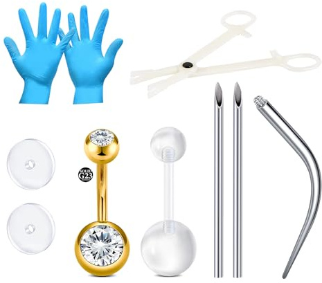 LAURITAMI Kit piercing ombelico, set da 9 pezzi con piercing all'ombelico in titanio 14G, ago in acciaio inossidabile, pinza set di strumenti