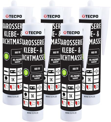 TECPO Karosseriekleber Dichtstoff MS Polymer, 5x 414g Schwarz UV-und Witterungsbeständig Überlackierbar- Abdichtung von Karosserieteilen, Blechen und Fugen