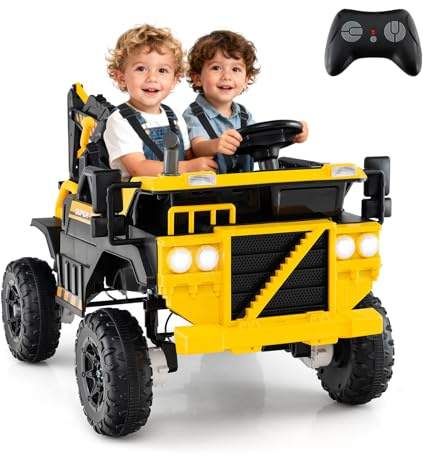 GOPLUS 24V Excavadora Coche Eléctrico para Niños, Camión de Paseo Infantil con 3 Asientos, Cazo, Música, Luces LED, Mando a Distancia, Vehículo de Juguete a Batería, 3+ Años