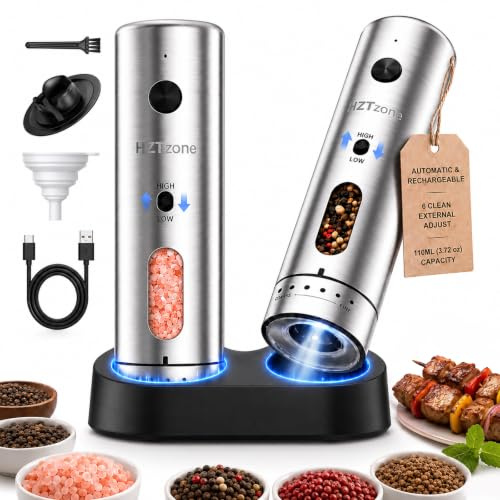 Auto Electric Salt & Pepper Grinder Set 110ML,6 Modes & 2 Speeds | Rechargeable Pepper Mill for Kitchen/Home/Picnic, Spice Grinders with USB C Charging Base/LED Light/Adjustable Coarseness