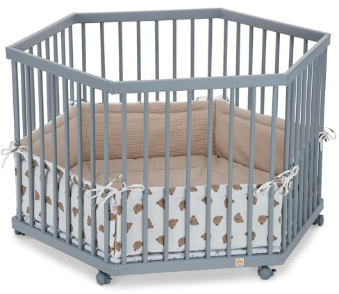 FabiMax Baby Laufgitter 6-eck Grau lackiert, stufenlos höhenverstellbar, mit Schlupfsprossen, Laufstall aus massivem Buchenholz (Waffel/Bären)