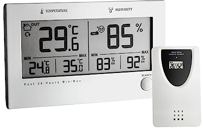 TFA Dostmann Twin Plus Funk-Thermo-Hygrometer, Komforticons, Frostsymbol, Anzeige der Innentemperatur und Luftfeuchtigkeit, Alarm, L 137 x B 17 (38) x H 83 mm
