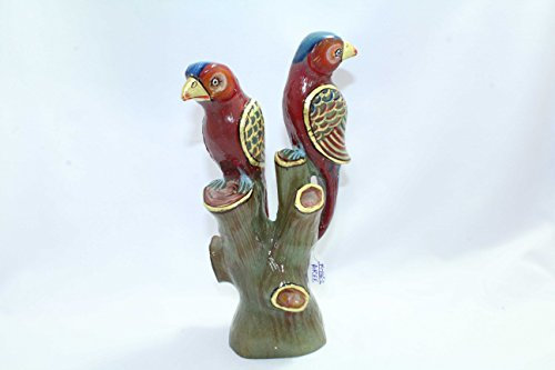 Rajasthan Gems Figurine d'oiseau en jade naturel assis sur un arbre peinte à la main