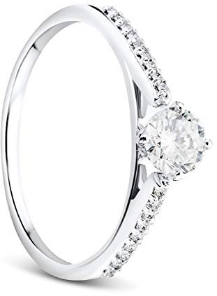 OROVI Damen Ring Weißgold 0.43 Ct Zentraler Solitär Diamant Verlobungsring 9 Karat (375) Gold und übrige Diamanten Brillanten 0.07 Ct