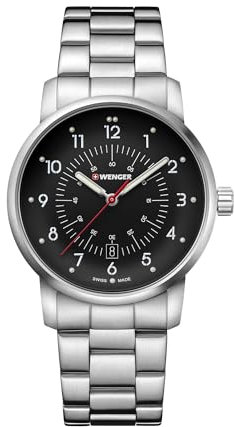 WENGER Herren Armbanduhr Avenue Ø 42 mm, Swiss Made, Analog Quarz, Wasserdicht bis 100 m, Edelstahl-Armband, Schwarz/Silber, 01.1641.116