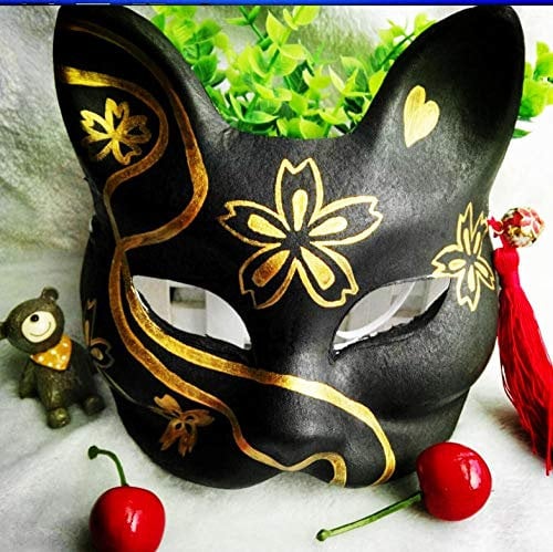 Halloween Masks Adults Hand-Painted Japanese Kimono Black cat Fox mask Luxury Flower Moon Night Hand-Painted and Wind Antique Cosplay Sakura @Plastic Version Black Fox Demon 114