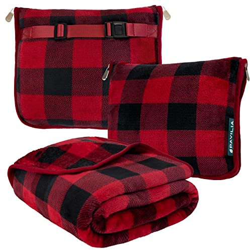 PAVILIA Coperta da viaggio e cuscino, coperta combinata 2 in 1 in caldo e morbido pile per aereo, campeggio, viaggi in auto, set grande e compatto con cinghia per bagagli e clip per zaino, 60 x 43 cm