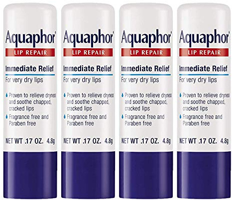 Aquaphor Lip Repair Stick with Jojoba Oil and Shea Butter, Moisturizing Lip Balms, Fragrance Free and Paraben Free, Immediately Relieves Dryness, 0.17 Oz Stick, Pack of 4