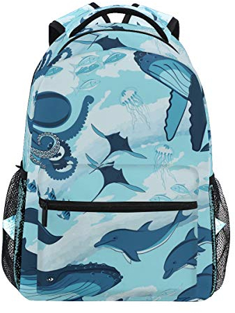 Dolphin Octopus Whale Fish Backpack Bookbag for Boy Girl Large Travel Laptop Shoulder Bag for Women Men