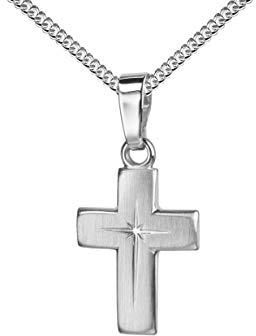 Kreuz-Anhänger mit Panzer-Kette für Damen, Herren und Kinder mattiertes Kreuz mit strahlenförmiger Kreuz-Gravur als Kettenanhänger 925 Silber + Schmuck-Etui