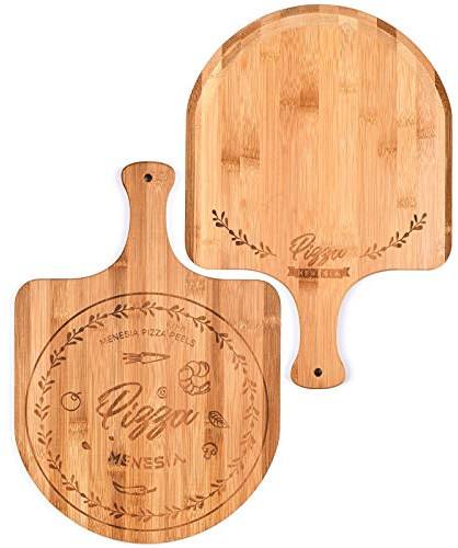 menesia Pala de pizza de bambú de alta calidad de 12 pulgadas con asa, paleta de pizza de madera, tabla de cortar para frutas, verduras, queso, pan (círculo)
