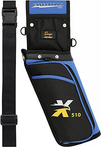 Sunya X510 Feld- & Wettkampf-Hüftköcher | Geräuschloser 3-Fach-Bogensportköcher Bogenschießen köcher für Pfeile. Inklusive praktischer Taschen und Nylongürtel. (42x18cm Blau Rechts)