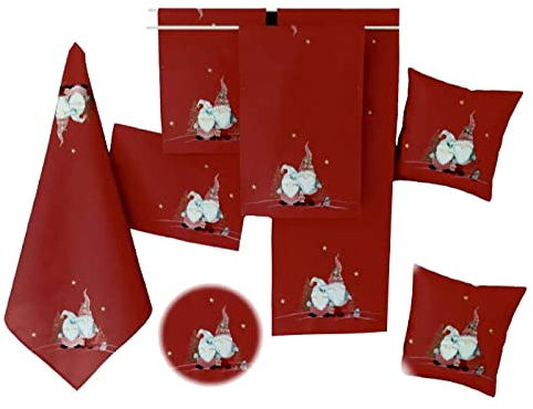 Tischdecke Tischläufer Mitteldecke Kissenhülle Weihnachten rot Bestickt mit Wichtelmännern (110 x 110 cm)