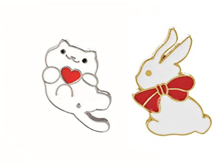 HLWAN 1 Pc Dents Chat Lapin Broche Ensemble Dessin animé Broches Mignon émail Broches Bijoux métal épinglette Denim Vestes Badge Hommes-Chat et Lapin