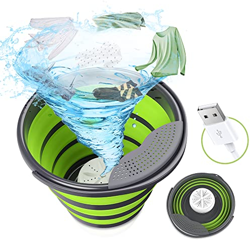 DACHUANG Mini machine à laver, cuve à linge pliable de 10 L portable, laveuse à turbine à ultrasons alimentée par USB, laveuse à linge compacte pour les chaussettes, les sous-vêtements, Vert 11