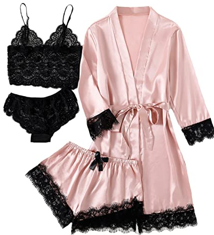 LYANER Set Pigiama da Donna in Raso Floreale con Pizzo e Vestaglia, 4 Pezzi, Rosa Tinta Unita., S