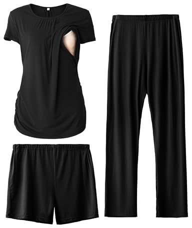 SUNNYBUY Damen Umstandsmode Stillpyjama-Set, Kurzarm-Stillshirts, Schwangerschafts-Shorts und Hosen, 3-teiliges Stillpyjama-Set, Schwarz S