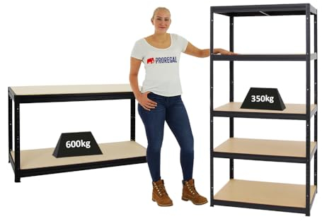 PROREGAL Mega Deal | 1x Schwerlastregal Slim Elephant M HxBxT 180x90x60cm & 1x Höhenverstellbare Werkbank Big Dino HxBxT 90x160x60cm | Fachlast bis zu 600kg | Schwarz