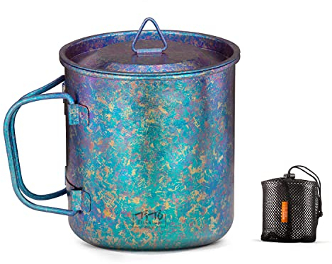 TiTo Titanium Tasse de camping, thé, café - Ultra légère et portable - 450 ml - Poignée pliable en titane - Avec couvercle - Pour l'extérieur, la randonnée, le pique-nique, le feu ouvert (bleu vif)