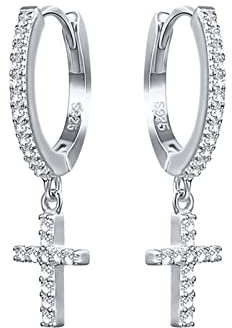 Ohrringe Mädchen, Sterling Silber Baumelndes Kreuz mit Zirkonia Creolen Ohrringe Silber