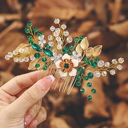 IYOU Glitzernder Kristall Haarkamm Grün Blume Brautschmuck Perlen Blatt Abschlussball Kopfschmuck für Braut und Brautjungfern