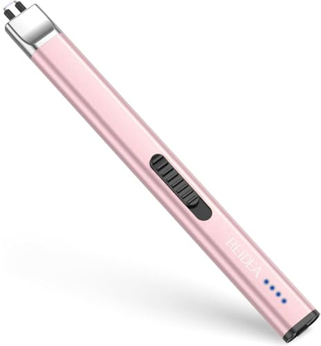 REIDEA Electric Lighter R1 Flat Candle Lighter, Windproof Flameless USB Rechargeable Arc with Safe Button and Power Indicator for Candle, BBQ and Fireworks, Rose Gold