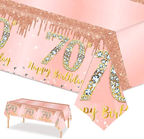 Rotgoldfarben Tischdecke zum 70. Geburtstag Roségold Tischdeko Geburtstag für Frauen,137 * 274cm Rechteck Wasserdicht Tischdecke für Alles Gute 70. Geburtstag Party Deko