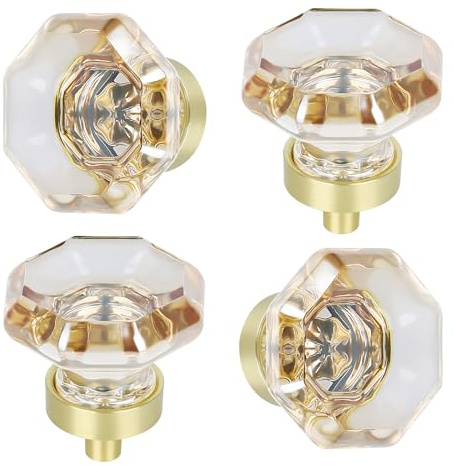 HIEMEY 4 Pack Glass Cabinet Knobs and Pulls,Octagon Champagne Crystal Knobs for Dresser Drawer with Satin Brass/Brushed Gold Base