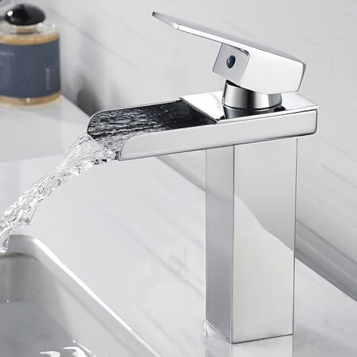 Rubinetto da bagno a cascata rubinetto cromato miscelatore monocomando per lavabo, moderno rubinetto da bagno in ottone per bagno, acqua fredda e calda disponibile