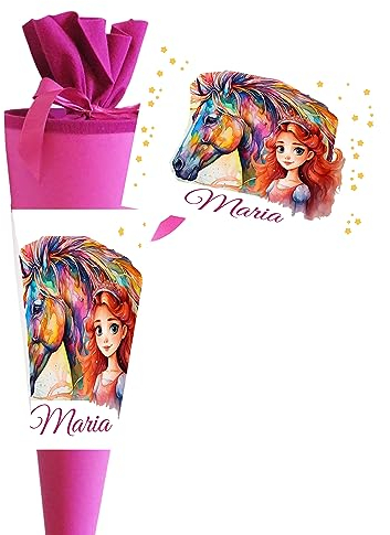 Schultüte für Mädchen personalisiert mit Namen - Pferd Einhorn Motiv – Personalisiere Deine Zuckertüte als Geschenk zur Einschulung - 70 cm groß pink - NEU