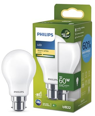 PHILIPS Ultra Efficient - Ultra Energy Saving Lights, LED Light Source, 60W, A60, B22 Warm White 2700 Kelvin, Frosted