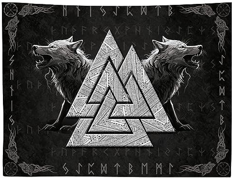 WIERAEM Wikinger Wandteppich, Wolf Totem Schwarz Weiß Meditation Runen Wandtuch, Nordische Mythologie Viking Wandteppich, für Schlafzimmer Wohnzimmer Wandbehang Deko (59inX51in)