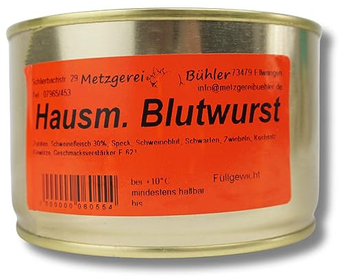 Hausmacher Blutwurst Dosenwurst 120g-400g Wurstkonserve würzige Wurst in der Dose perfekt als Notvorrat oder fürs Camping Blutwurst Wurstaufschnitt Metzgerei Bühler (400g)