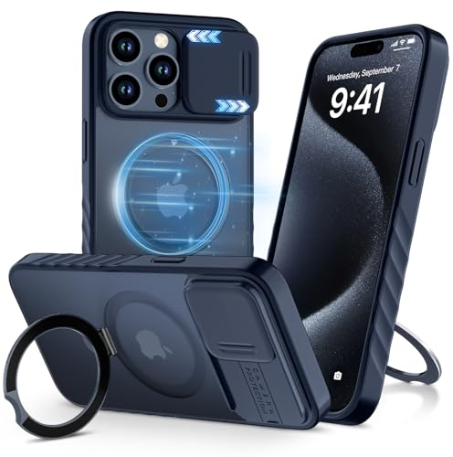ALAFLY for iPhone 15 Pro Max Case with Magnetic Invisible Stand & Camera Cover [Compatible with MagSafe], Mil-Grade Shockproof Translucent Matte Black Phone Cover 6.7 (2023), Black
