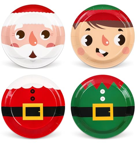 Whaline Weihnachtspappteller Weihnachtsmann Elf Einwegteller rot grün niedlich Xmas Geschirr Teller Set 22,9 cm für Winter Urlaub Party Supplies Tischdekoration, 40 Stück