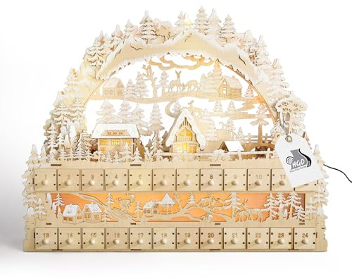HGD - LED XL-Lichterbogen mit Adventskalender - Weihnachtsdeko aus Holz mit Timerfunktion - Weihnachtskalender zum Befüllen, 24 Schubladen für kleine Überraschungen, Geschenkidee - 58 x 48 x 13 cm